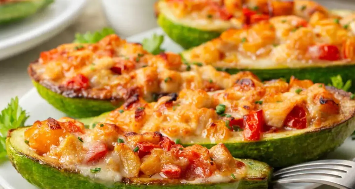 Courgettes farcies appétissantes, garnies de fromage fondant et de légumes colorés, prêtes à être dégustées.