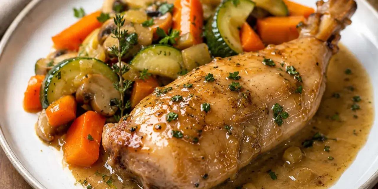 Un savoureux lapin chasseur, rôti à la perfection, servi avec des carottes, courgettes et champignons dans une sauce onctueuse.