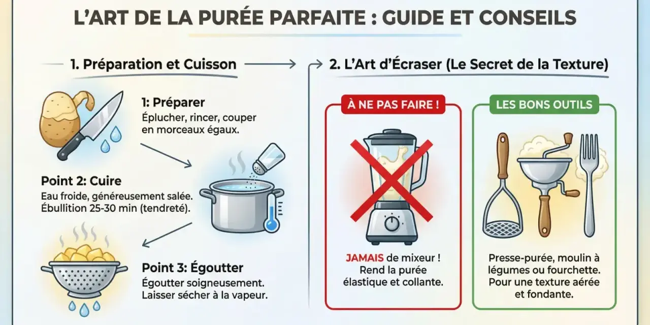 Guide pour une purée maison parfaite : préparation, cuisson, égouttage et écrasage. Évitez le mixeur pour une texture aérée et fondante.