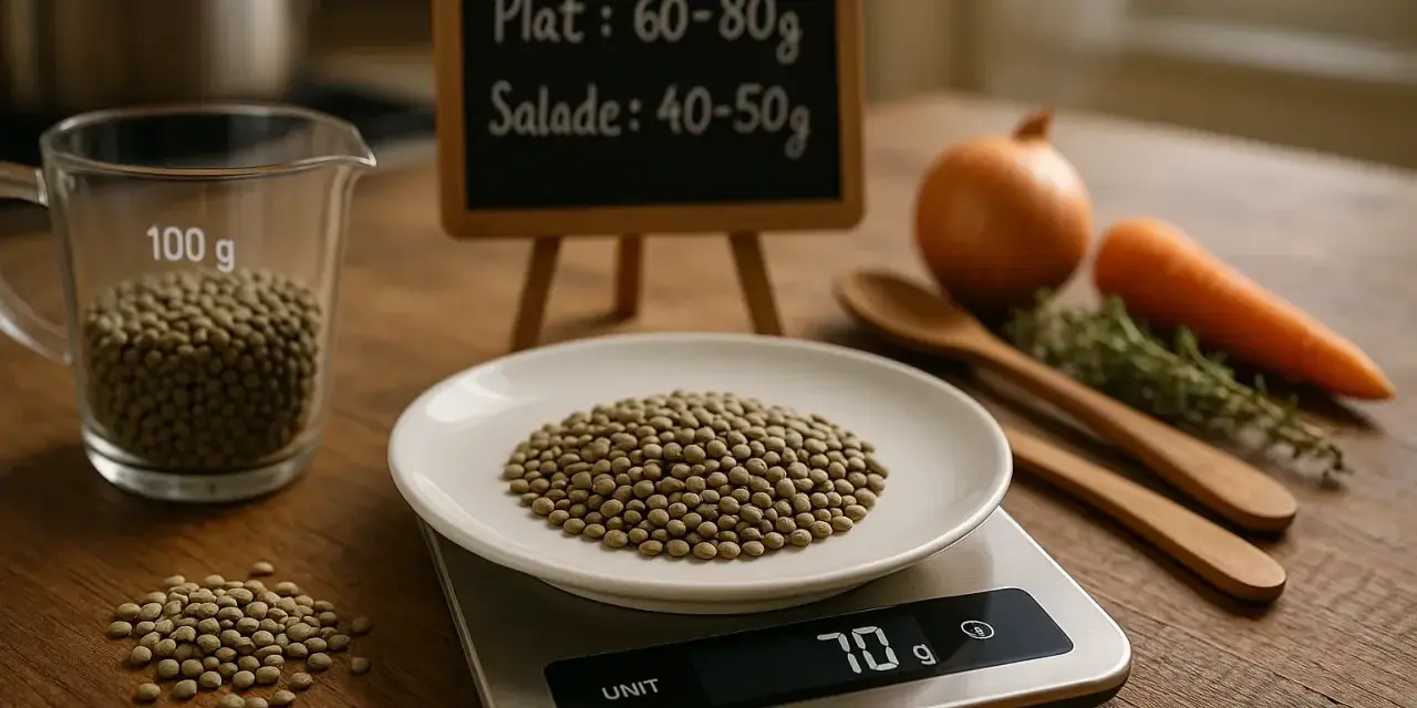 Balance de cuisine affichant 70g de lentilles. Une petite ardoise indique la quantité de lentilles par personne pour un plat ou une salade.