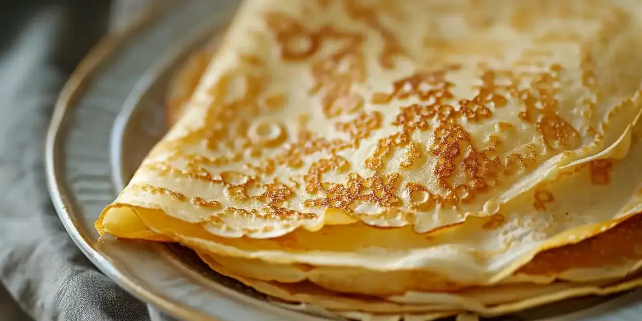Pile de crêpes dorées sur une assiette, parfaites pour une recette crêpe 6 personnes.