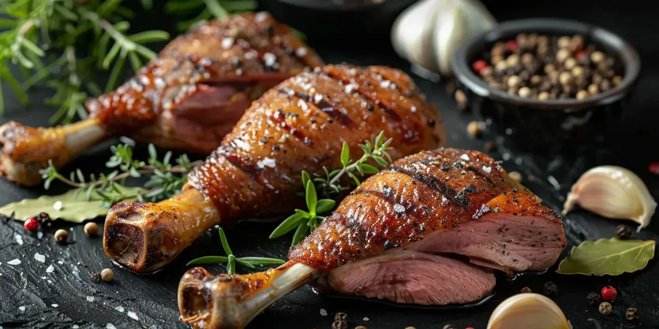 Trois cuisses de canard rôties, dorées et juteuses, garnies d'herbes fraîches, de grains de poivre et d'ail.