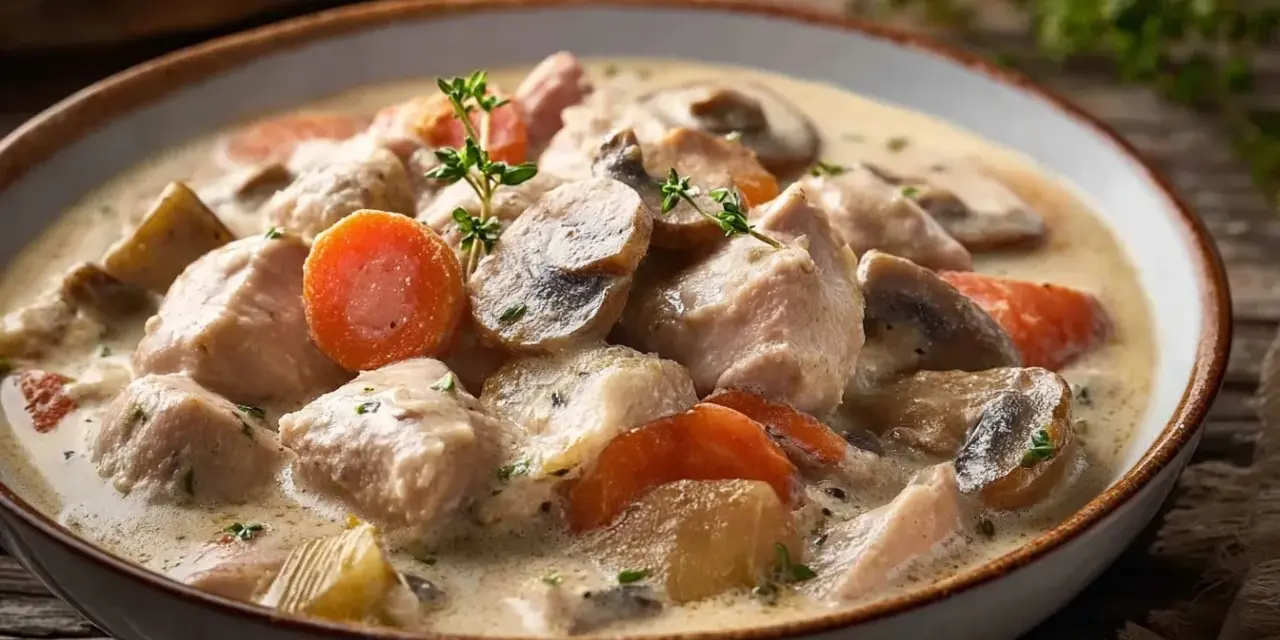 Un réconfortant blanquette de dinde avec des morceaux de dinde, des carottes et des champignons dans une sauce crémeuse, garnie de thym frais.