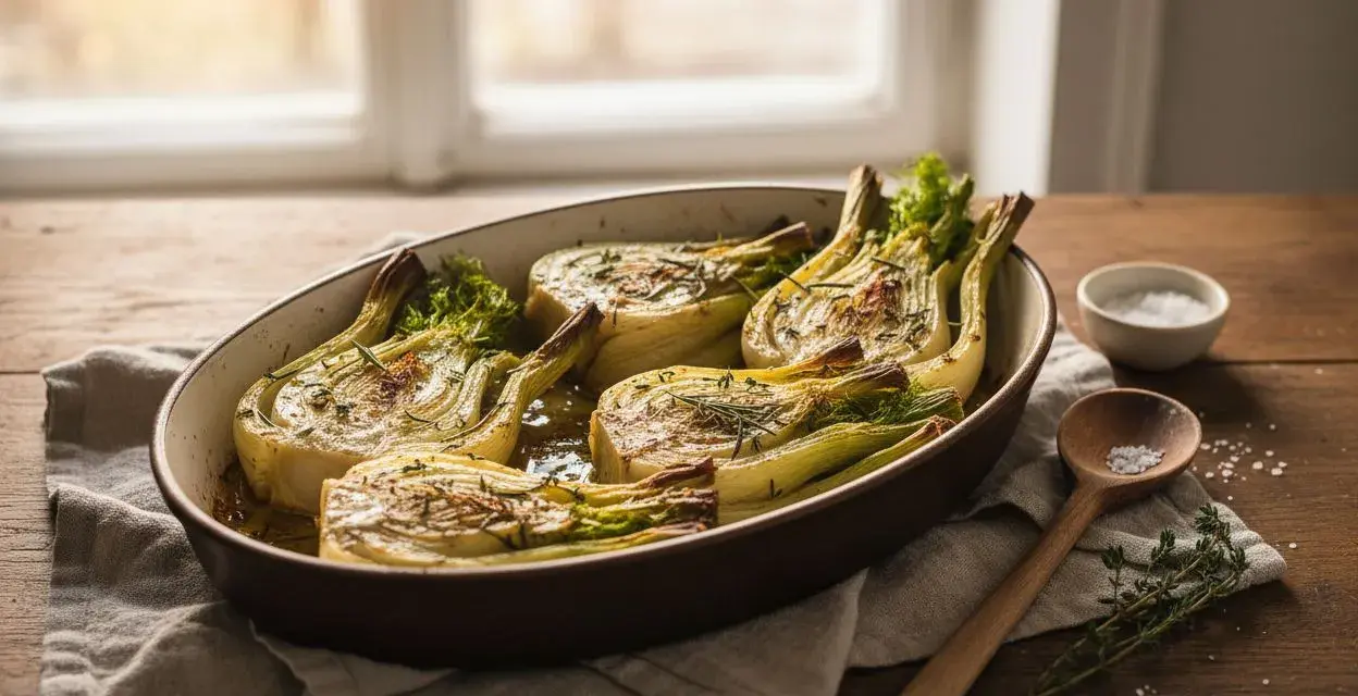 Fenouil braisé aux herbes, doré et tendre, servi dans un plat ovale. Une cuillère en bois et un bol de sel complètent cette scène rustique.