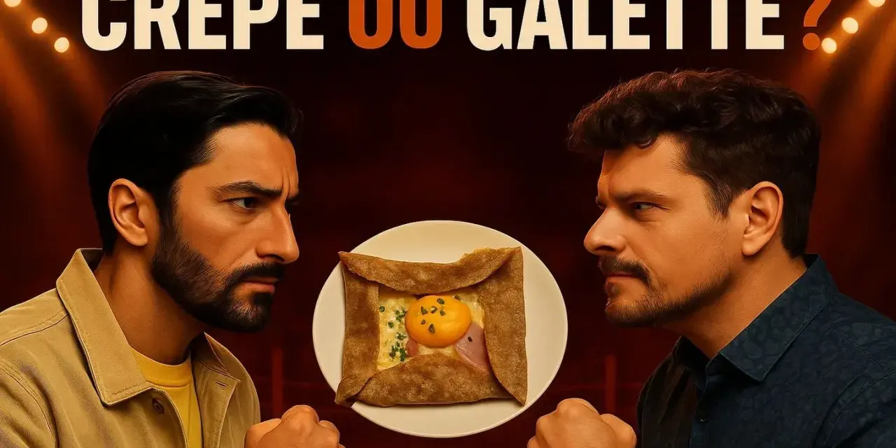 Deux hommes se font face, un œuf au plat sur une galette bretonne au centre. Le titre "Crêpe ou Galette ?" suggère un duel culinaire.