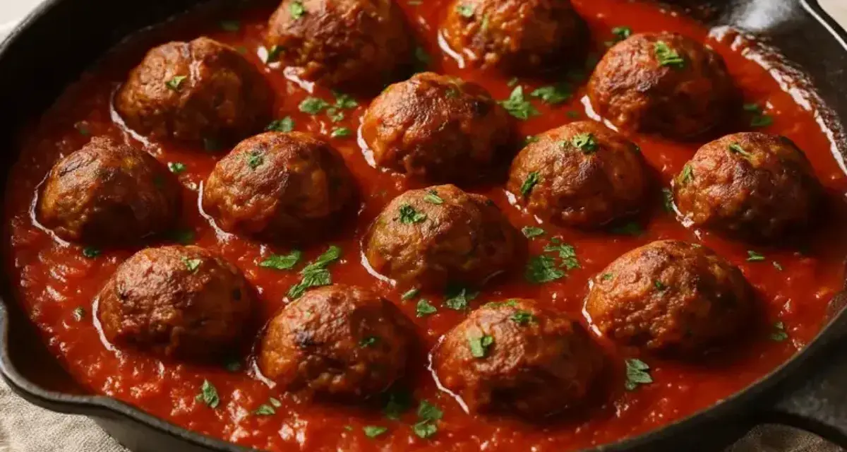 Boulettes de bœuf haché mijotant dans une sauce tomate savoureuse, garnies de persil frais. Une recette réconfortante.
