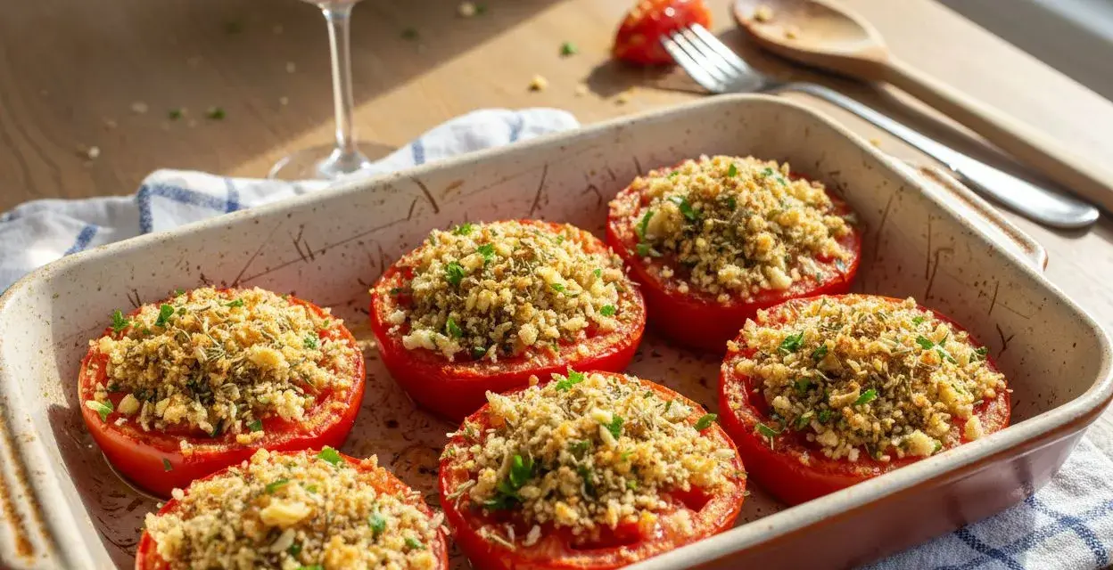 Six tomates provençales garnies d'une chapelure croustillante et d'herbes, dans un plat à gratin. Un verre de rosé et des couverts sont à proximité.
