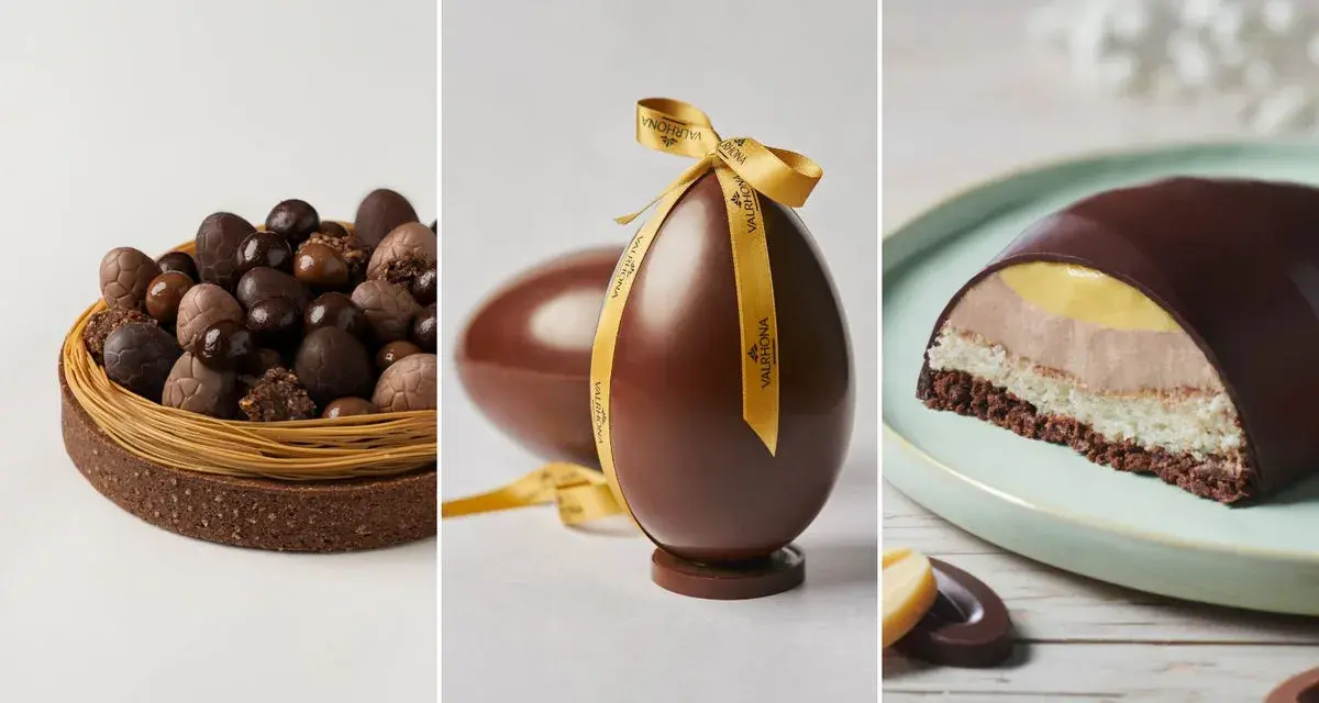 Délicieux gâteau de Pâques en chocolat : un nid rempli d'œufs, un œuf géant décoré d'un ruban, et une part de gâteau aux couches gourmandes.