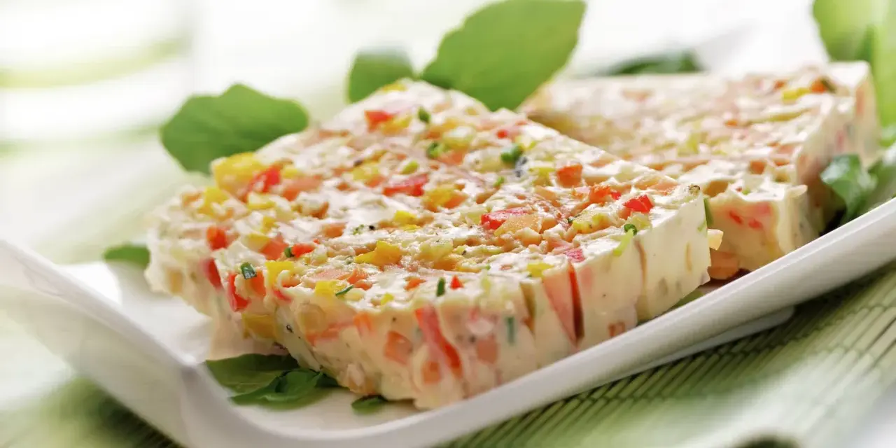 Tranches de terrine de légumes colorée, garnie de feuilles vertes, sur une assiette blanche.