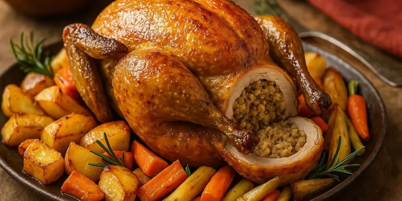 Une pintade au four dorée et savoureuse, garnie de farce, accompagnée de pommes de terre rôties et de carottes.