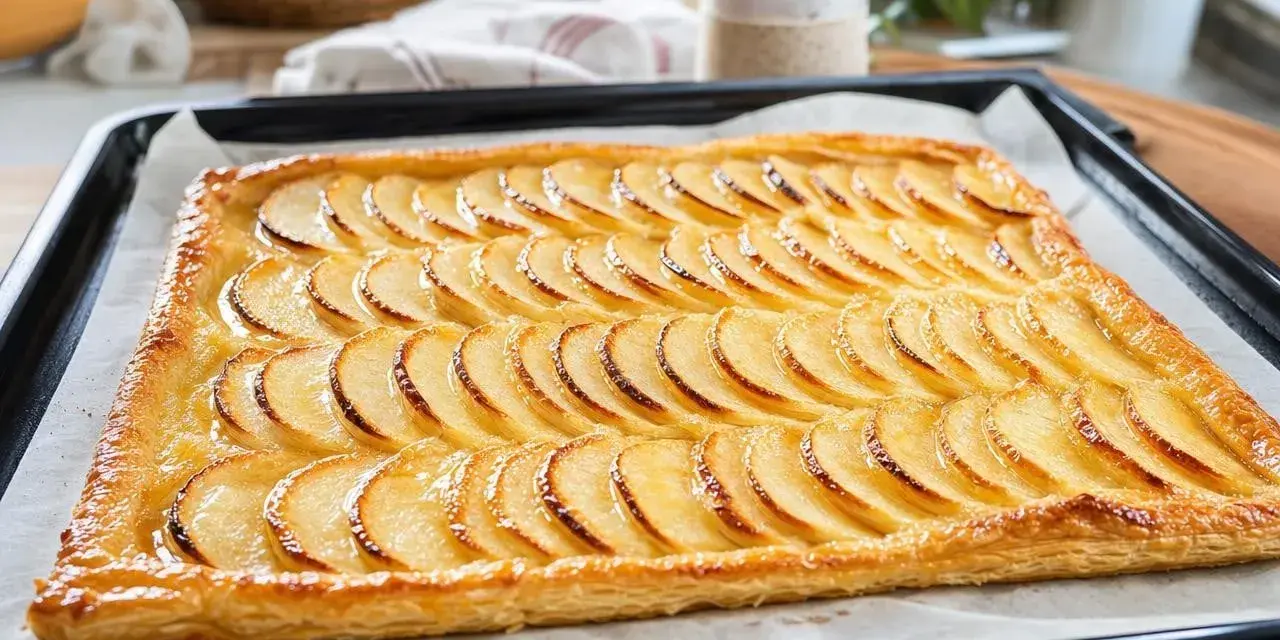 Une tarte aux pommes rectangulaire, aux fines tranches de pommes dorées sur une pâte feuilletée croustillante, prête à être dégustée.