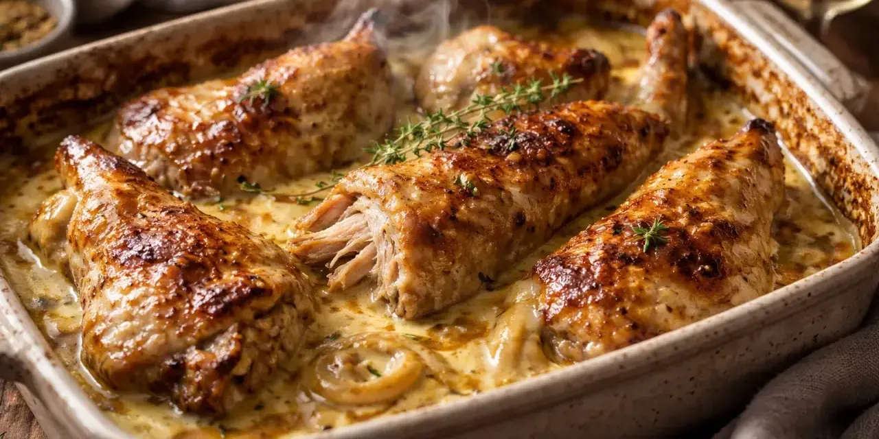 Un déliceux lapin au four, doré et tendre, mijotant dans une sauce crémeuse aux herbes.