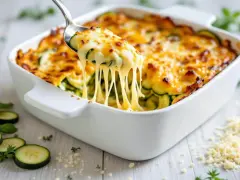 Une cuillère soulève un gratin de courgettes fondant, le fromage filant promet un délice.