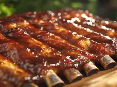 Des travers de porc généreusement nappés d'une sauce barbecue brillante, prêts à être dégustés.