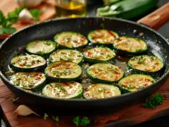 Tranches de courgettes dorées à la poêle, parsemées d'herbes et d'épices. Une délicieuse recette de courgette à la poêle prête à être dégustée.