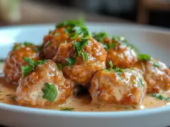 Boulettes de viande savoureuses baignant dans une sauce crémeuse, garnies de persil frais. Un plat réconfortant prêt à être dégusté.