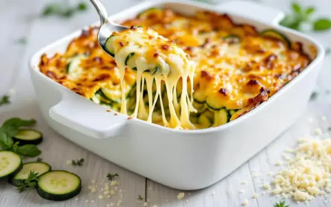 Une cuillère soulève un gratin de courgettes fondant, le fromage filant promet un délice.