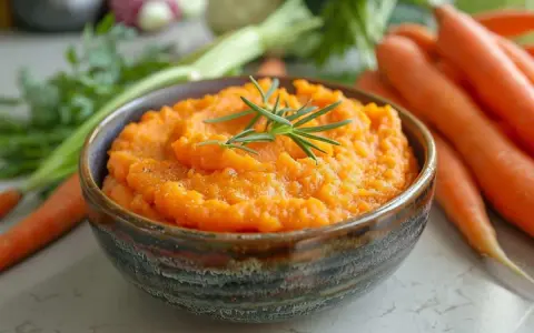 Un bol de purée de carotte onctueuse, garni d'une branche de romarin, avec des carottes fraîches en arrière-plan.