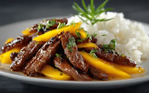 Délicieuses aiguillettes de canard laquées, servies avec des lamelles de mangue et du riz blanc, garnies d'herbes fraîches.