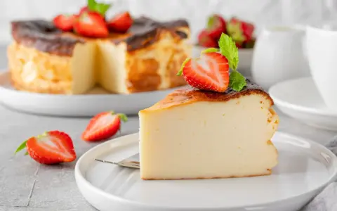 Tranche de gâteau au fromage brûlé, garnie de fraises et de menthe. Un dessert facile qui impressionne, parfait pour toute occasion.