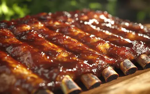 Des travers de porc généreusement nappés d'une sauce barbecue brillante, prêts à être dégustés.