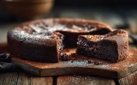 Un délicieux gâteau chocolat, saupoudré de sucre glace, est coupé sur une planche en bois rustique.