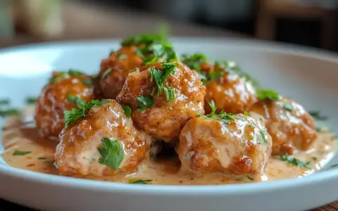 Boulettes de viande savoureuses baignant dans une sauce crémeuse, garnies de persil frais. Un plat réconfortant prêt à être dégusté.
