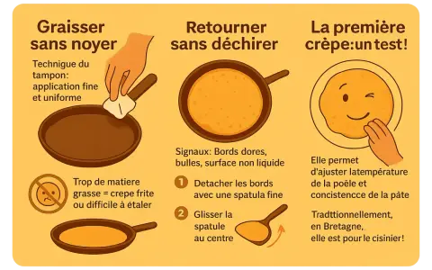 La première crêpe est un test pour ajuster la température. Une crêpe qui colle et se casse peut indiquer trop de matière grasse.