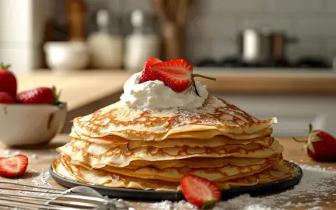 Pile de crêpes dorées, garnie de chantilly et fraises. Parfait pour une recette crêpe avec repos.