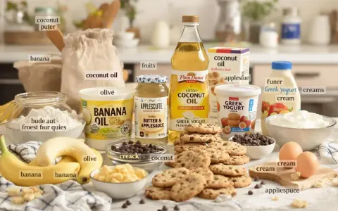 Ingrédients pour remplacer le beurre dans les cookies : huile de coco, yaourt grec, compote de pommes, banane.