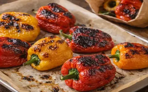 Poivrons rouges, jaunes et oranges grillés au four, sur une plaque recouverte de papier cuisson. Les marques de grill sont bien visibles.