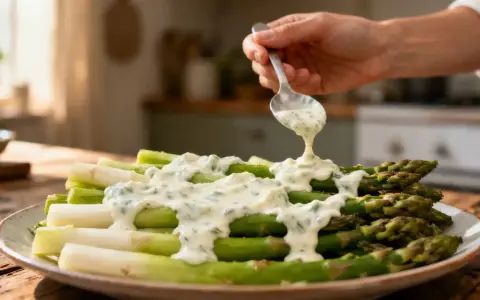Une main verse une sauce légère pour asperges sur un plat d'asperges vertes et blanches.