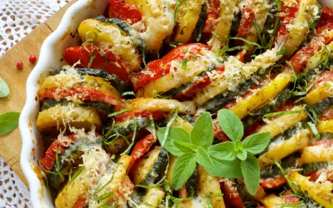 Un délicieux tian de légumes, aux rondelles de pommes de terre, courgettes et tomates, gratiné au fromage et parsemé d'herbes fraîches.