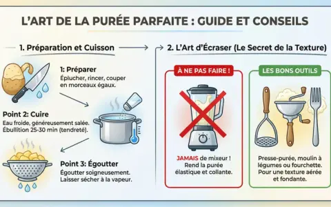 Guide pour une purée maison parfaite : préparation, cuisson, égouttage et écrasage. Évitez le mixeur pour une texture aérée et fondante.