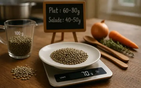 Balance de cuisine affichant 70g de lentilles. Une petite ardoise indique la quantité de lentilles par personne pour un plat ou une salade.