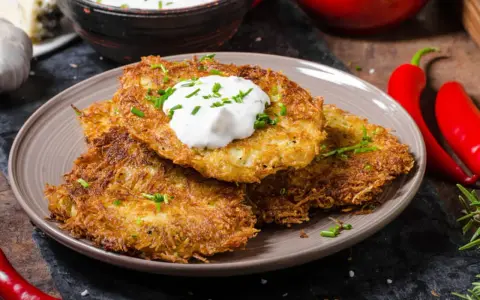 Trois galettes de pomme de terre dorées et croustillantes, garnies de crème aigre et de ciboulette, sur une assiette.