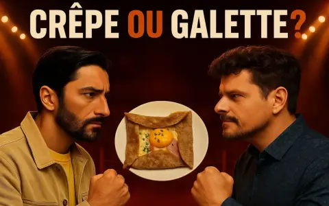 Deux hommes se font face, un œuf au plat sur une galette bretonne au centre. Le titre "Crêpe ou Galette ?" suggère un duel culinaire.