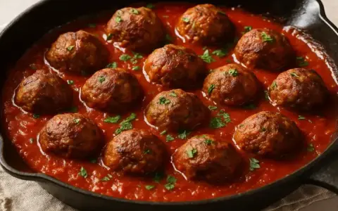 Boulettes de bœuf haché mijotant dans une sauce tomate savoureuse, garnies de persil frais. Une recette réconfortante.