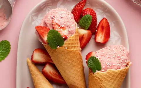Glace à la fraise maison, facile recette sans sorbetière. Cônes garnis de boules roses, fraises fraîches et menthe.