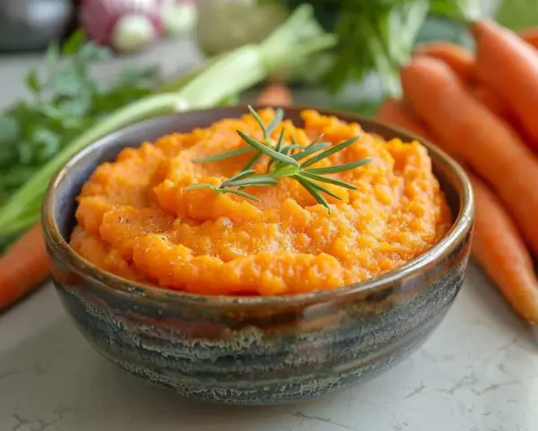 Un bol de purée de carotte onctueuse, garni d'une branche de romarin, avec des carottes fraîches en arrière-plan.