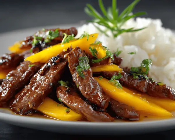Délicieuses aiguillettes de canard laquées, servies avec des lamelles de mangue et du riz blanc, garnies d'herbes fraîches.