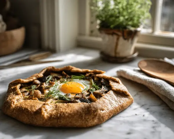 Galette de sarrasin aux champignons et œuf, garnie d'herbes. Une belle recette pour comprendre pourquoi les galettes de sarrasin se cassent.