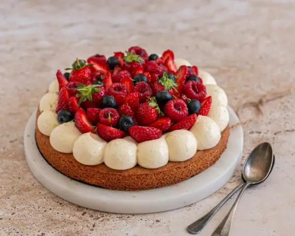 Un délicieux gâteau aux fraises, garni de framboises, myrtilles et crème vanillée. Parfait pour une occasion spéciale.