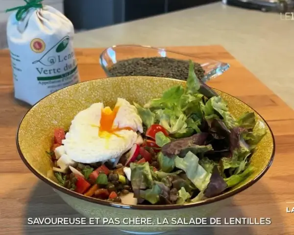 Une assiette colorée de salade de lentilles garnie d'un œuf poché, de légumes frais et de tomates. Un sac de lentilles vertes est visible en arrière-plan.