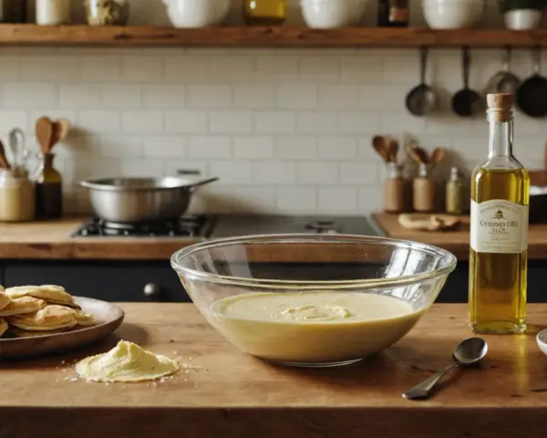 Préparation de crêpes : pâte dans un bol, pile de crêpes, et une bouteille d'huile d'olive. Quelle huile pour les crêpes ? L'huile d'olive est une option.