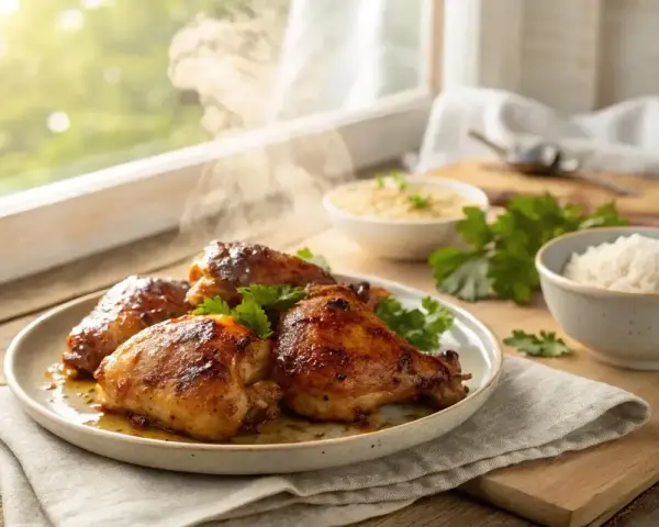 Assiette de haut de cuisse de poulet rôtis, fumants et dorés, accompagnés de riz et d'une sauce.