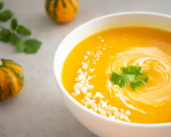 Un bol de soupe butternut crémeuse, garnie de coriandre fraîche et de petits morceaux de fromage. Des mini-citrouilles décorent la table.