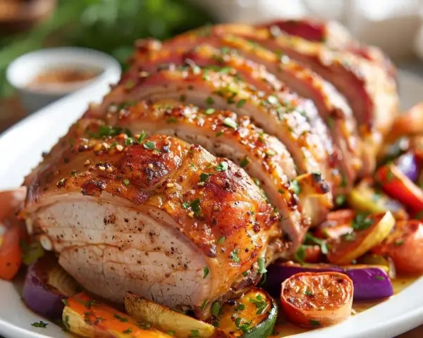 Rôti de porc Cookeo, tranché et servi avec des légumes rôtis colorés. Un plat savoureux et appétissant.