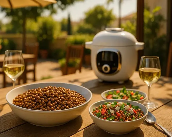 Lentilles vertes prêtes à être dégustées, préparées avec une mijoteuse. Un repas ensoleillé avec du vin blanc.