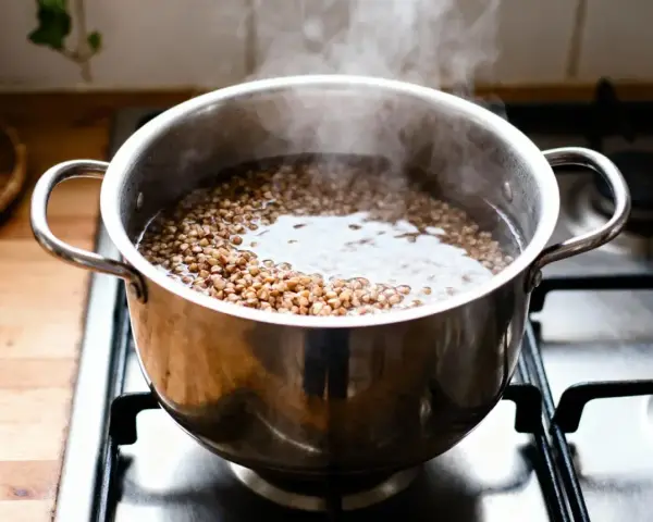 Une casserole de sarrasin bout sur la cuisinière, montrant comment cuire le sarrasin pour un repas sain.